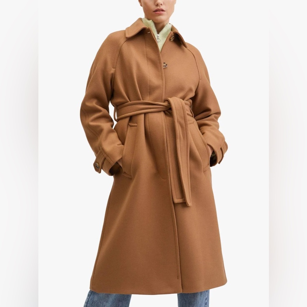 Mango Virgin Woolen Coat with Belt Medium Brown - L - Women